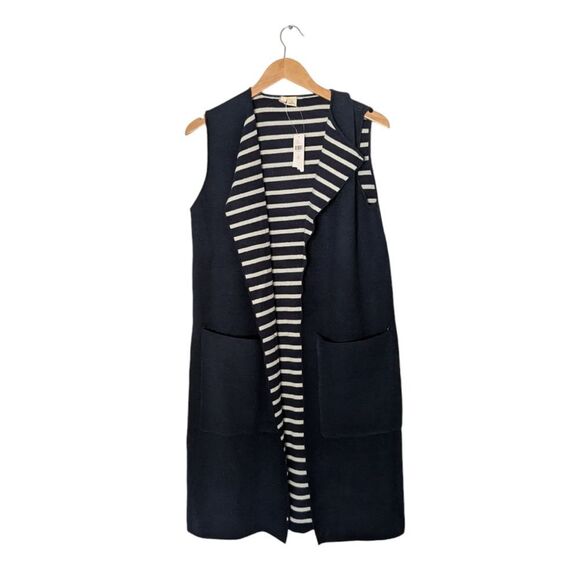 Anthropologie Moth Long Line Navy Striped Sweater Vest - Picture 2 of 6